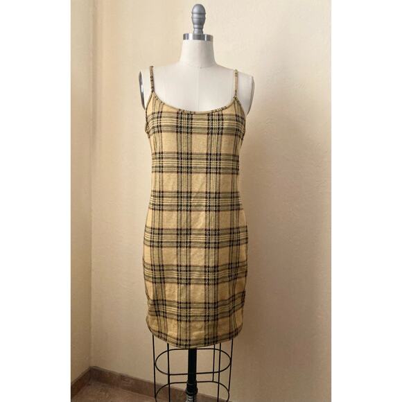 Popular 21 Women's Mini Dress Size L JR Yellow Plaid Y2K Style Clueless - Picture 2 of 7